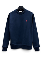 SWORD LUXURY navy blue cotton crew-neck sweatshirt, featuring an iconic red heart embroidery detail on the chest.