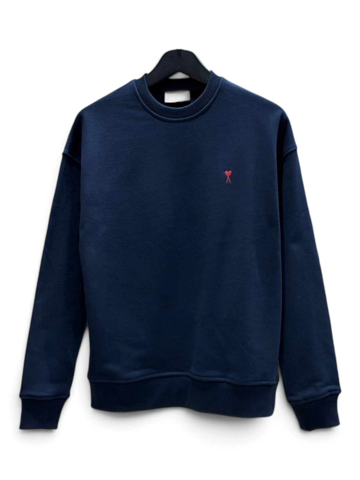 SWORD LUXURY navy blue cotton crew-neck sweatshirt, featuring an iconic red heart embroidery detail on the chest.